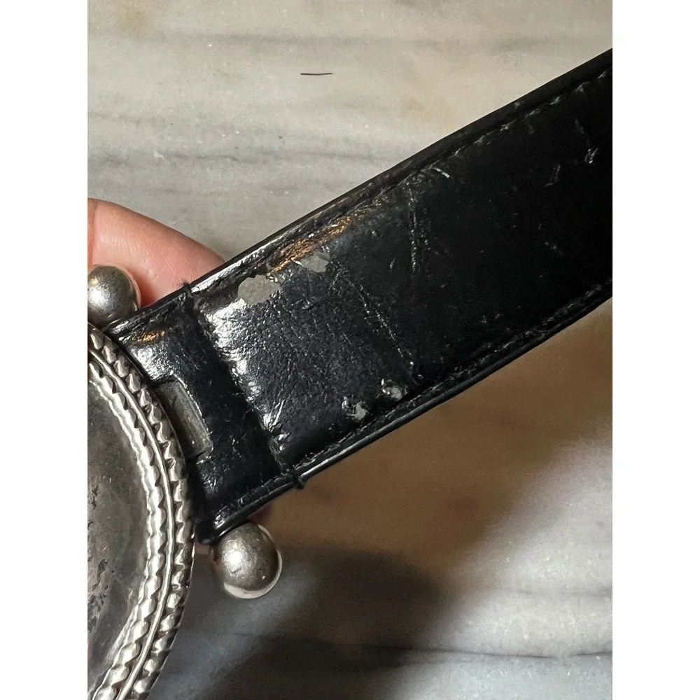 Vintage Black Genuine Leather Lined Belt Silver Oval Buckle Western Boho 41 Inch